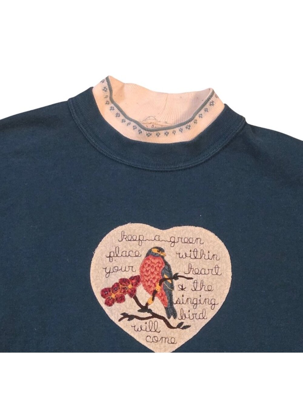 Valories Folk Art Applique Sweatshirt Double Collar Embroidered Bird Heart Large